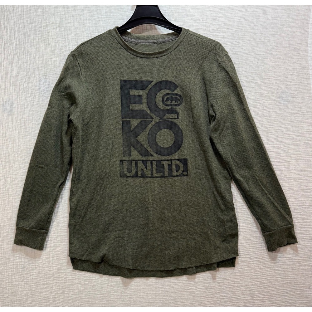 Ecko Unltd Thermal Shirt Men's XL Long Sleeve Crew Neck Olive Green‎ Graphic Y2K
